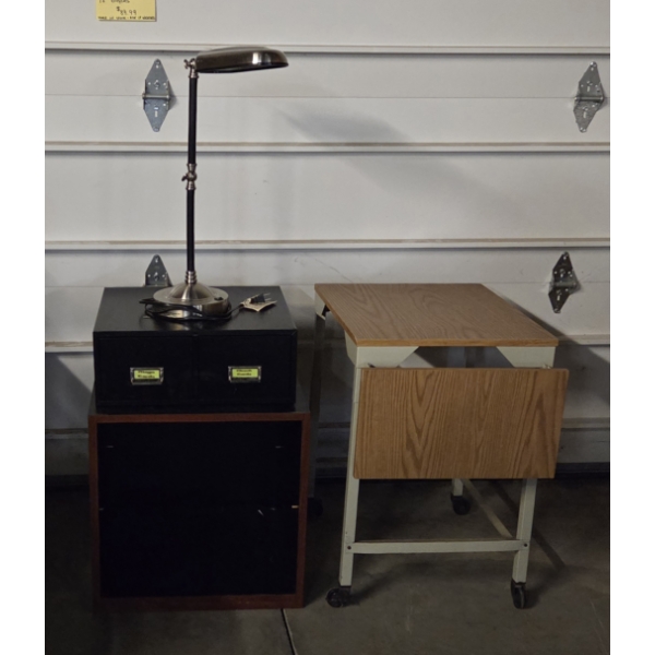 Metal 24'' Bankers Lamp, 28'' Storage Cube Table And 18''x27''x31'' Drop Side Metal Wheeled Cart
