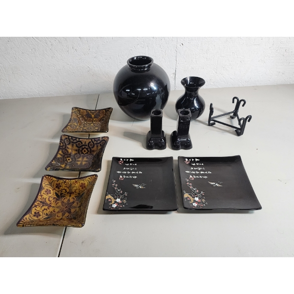 Lot of Decorative Items - World Market Square Plates, Black Vases, Candle Holders, Stand
