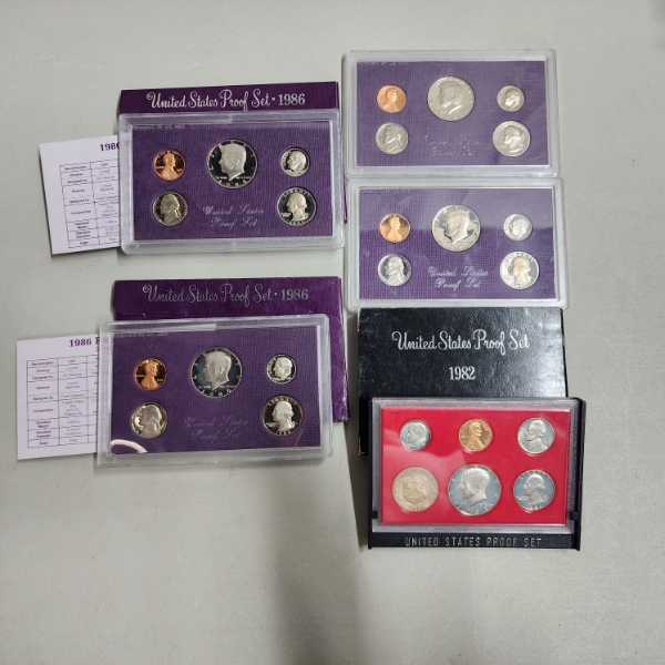 Six Assorted United States Mint Proof Sets: 1986, 1987, 1987, 1986, 1982