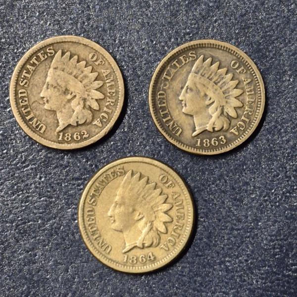 3 Pcs - Early Indian Head Cents 1862 / 63 / 64  In Nicer Condition
