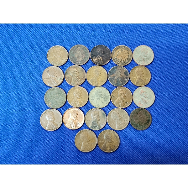 x22 Assorted Year Pennies - Including Indian Head and Lincoln Wheat