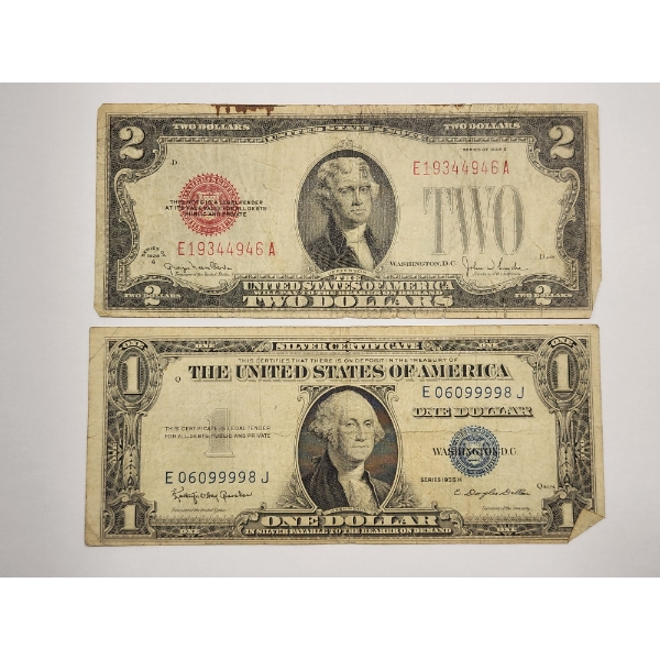 Two U.S. Notes: 1928-G $2 Red Seal Note & 1935-H $1 Blue Seal Silver Certificate 