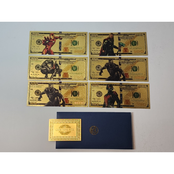 x5 Assorted Marvel Superheroes 999999 24K Gold Foil Banknotes Set w/ CoA