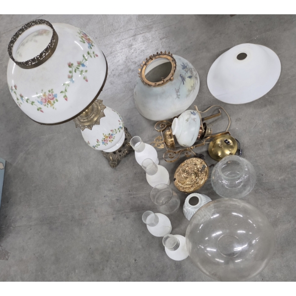 Vintage Hand Painted Glass Table & Hanging Lamps And Glass Shade Collection 