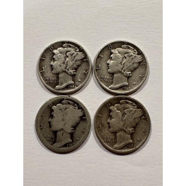 4 - United States Mercury Silver Dimes - Great Coins