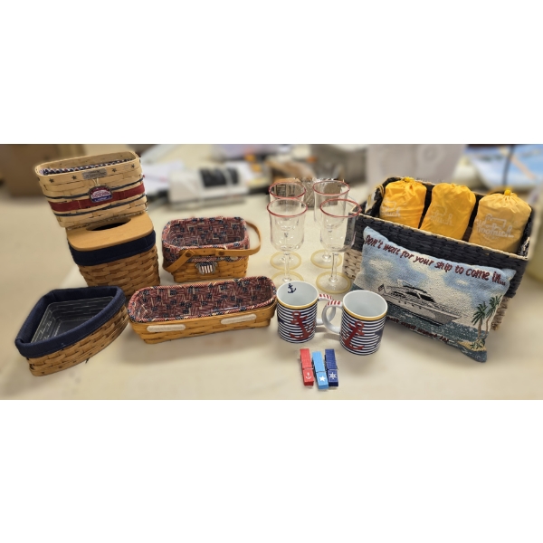 Longaberger Baskets with Plastic Wine Glasses, Rain Coats and More