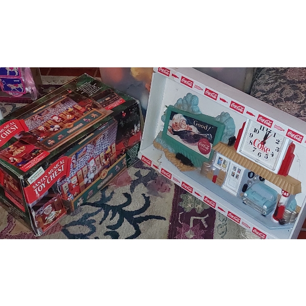 Coca Cola Collectible Decor (Vintage Garage Depiction) & Santa's Toy Chest In Original Box