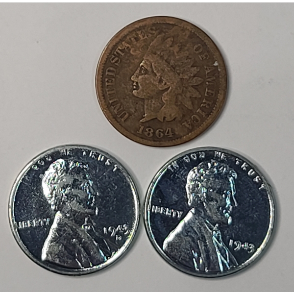 (3) United States One Cent Coins - 1864 Indian Head Cent & (2) 1943 Steel Lincoln Cents  - FV: $0.03