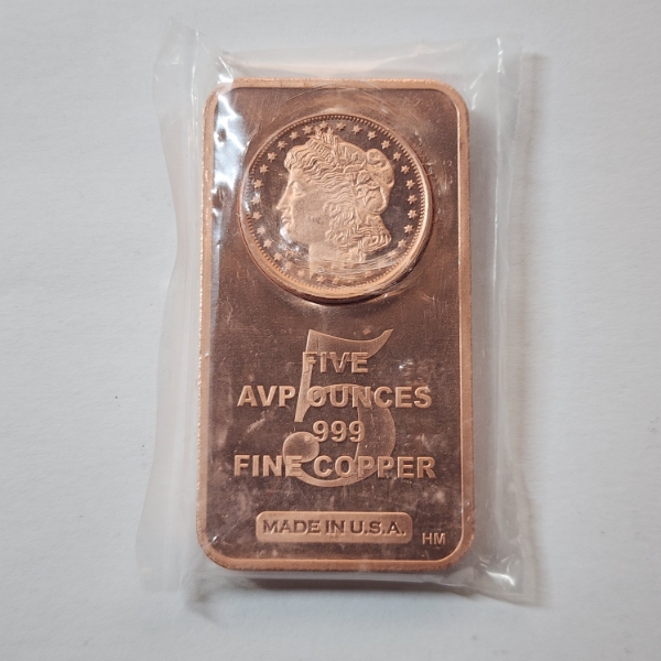 5 ADVP Ounces .999 Fine Copper Bullion Bar With Morgan Dollar Motif
