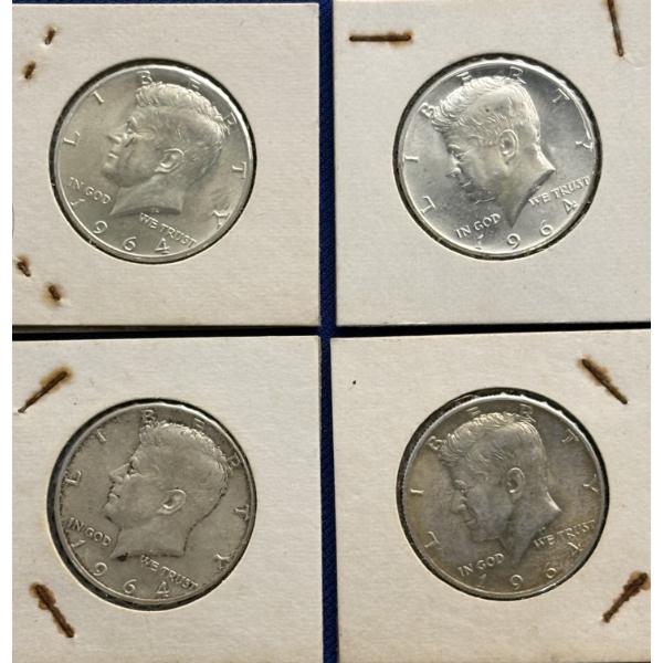 Lot of 4 90% Silver 1964 Kennedy Half-Dollars, FV $2.00