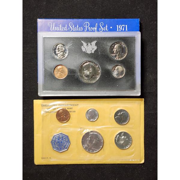 1964 United States Proof Set Ft. $0.85 in 90% Silver & 1971 US Proof Set -Both in Original Packaging