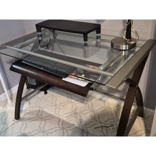 PICKUP IN NORTHFIELD - Glass & Metal Computer Table With Slider For Keyboard Etc - Like New - See Pi