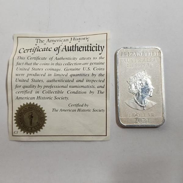 2021 Queen Elizabeth II Australia One Dollar 1 oz .9999 Fine Silver Bar w/ CoA