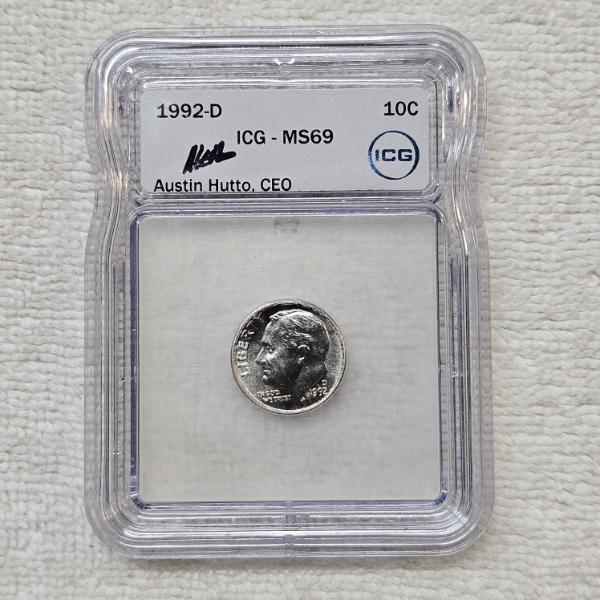 Austin Hutto Signed 1992-D Roosevelt Dime Graded MS69 by ICG