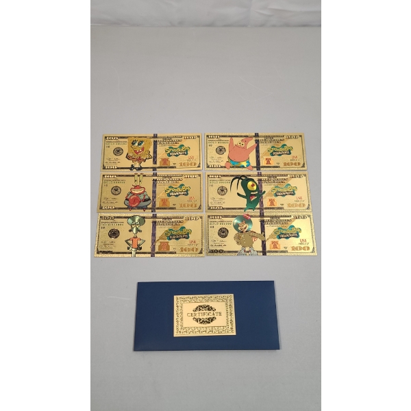 (6) SpongeBob Characters 24K Gold Foil Banknotes Set w/ COA