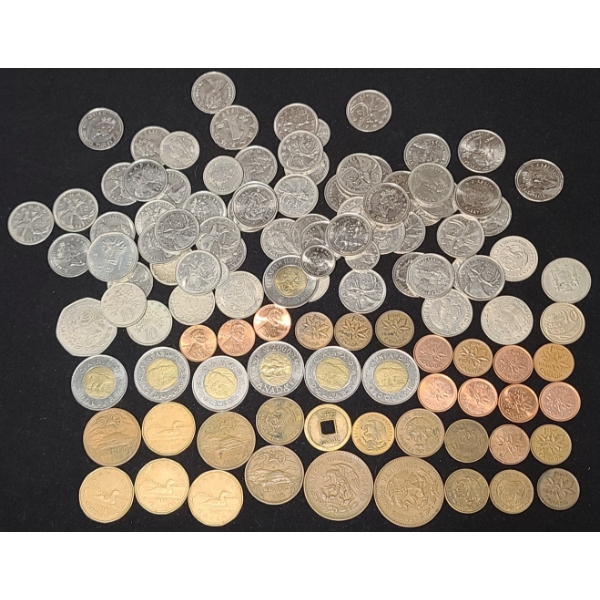 Assorted Foreign Coins Including Canadian Coins, Mexican Pesos & More