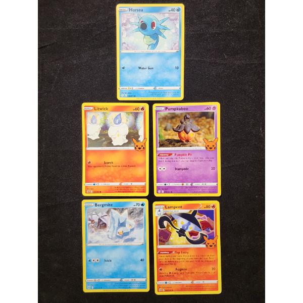 Five Assorted Pokemon Trading Cards Ft. Yuka Morii Artwork Pumpkaboo!