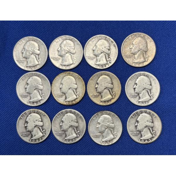Lot of 12 Assorted Year 90% Silver Washington Quarters, FV $3.00
