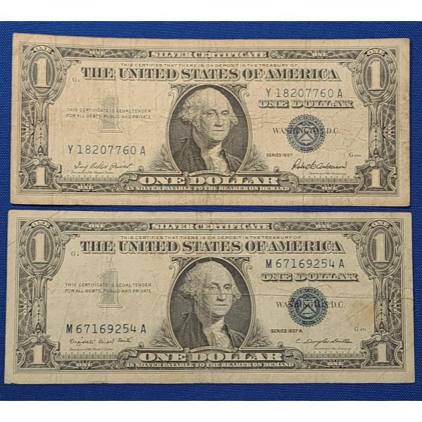(2) United States $1 Silver Certificates - Series 1957/1957 A - Face Value: $2.00