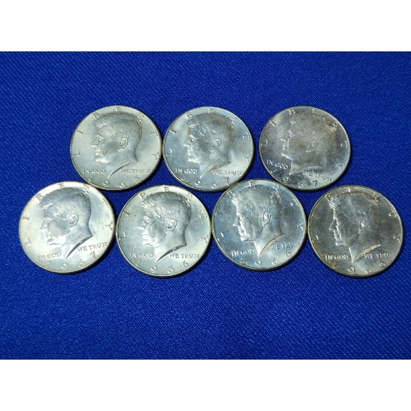 x7 Assorted Years 40% Silver Kennedy Half Dollars FV: $3.50
