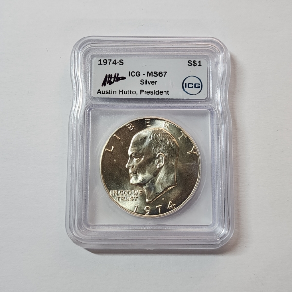 ICG MS76 United States 40% Silver Eisenhower Dollar Signed by Austin Hutto