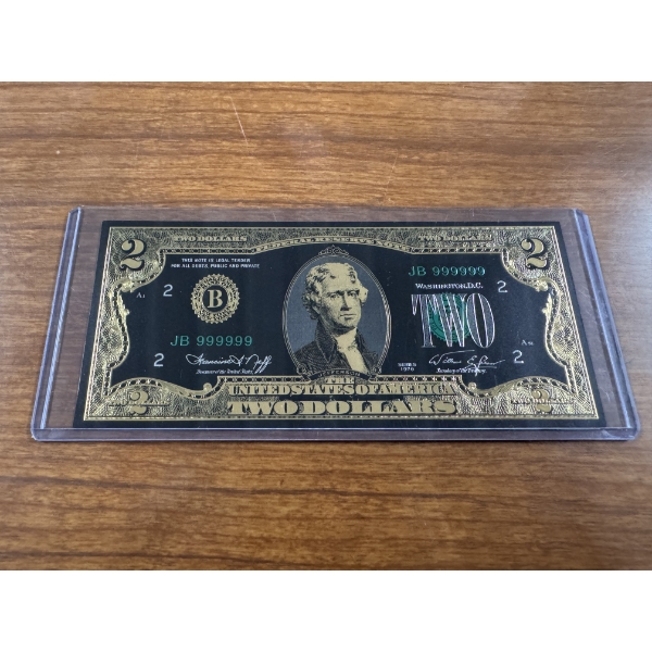 Jefferson $2 Collector Gold Foil .999999 - 24K Gold Note In Protective Holder - Mint Condition
