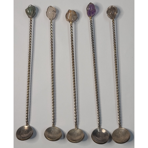(5) Vintage Handmade Silver Wrapped Coin Spoons Ft Polished Stones - AT LEAST 80% Silver - TW: 90.1g