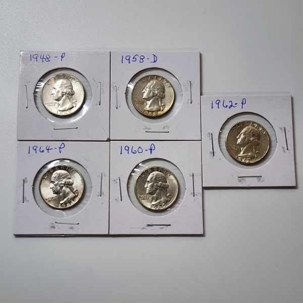 Five Assorted Years United States 90% Silver Washington Quarters - Face Value: $1.25