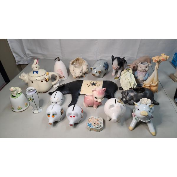 Large Lot Of Assorted Pig Figurines Including Dime Saver Pig 