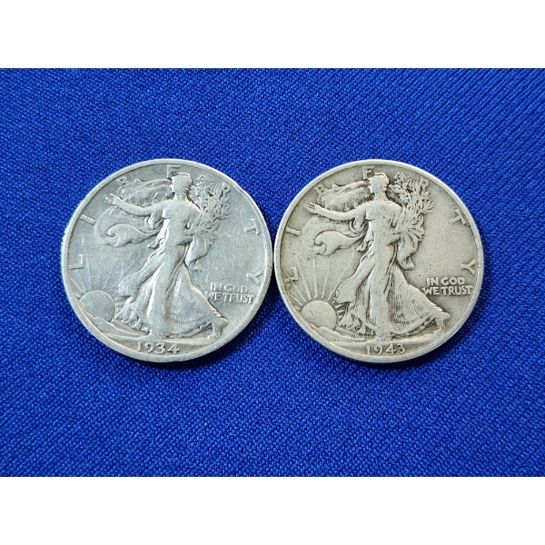 2 - 90% Silver Walking Liberty Half Dollars: 1934 & 1943
