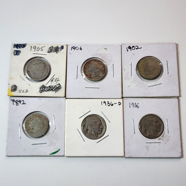 Six Assorted United States Nickels: Buffalo & "V" Nickels - Face Value: $0.30