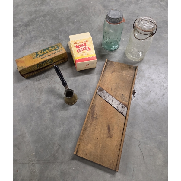 Vintage Collectables Including Quart Mason Jars, Copper Coffee Pot, Slaw Cutting Board & More
