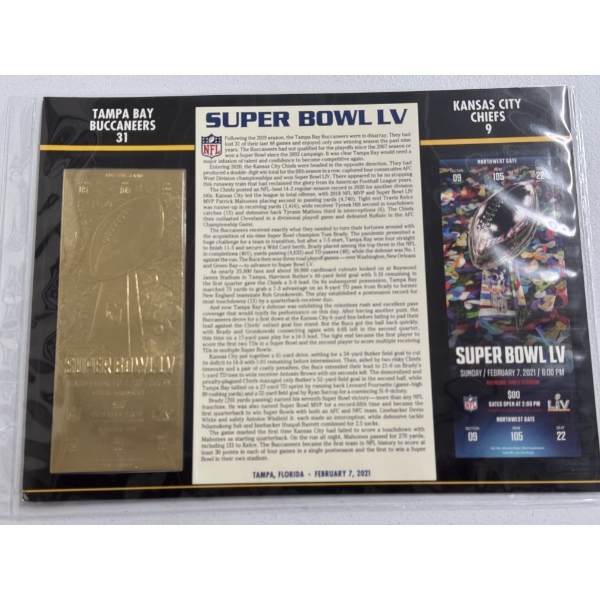 Authentic 2021 Super Bowl LV NFL Football Ticket & 24K Gold Plated Ticket - Mint Condition
