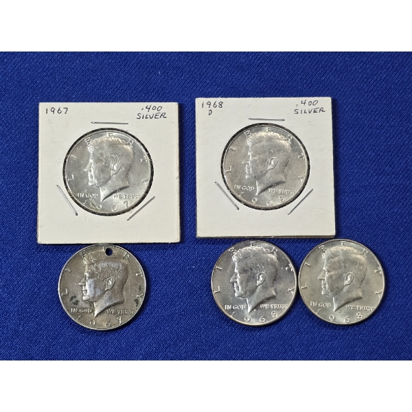 Lot of 5 Kennedy 40% Silver Half Dollars; 1968-D, 1967, 1698-D, 1968-D, 1967 FV: $2.50