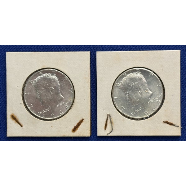 Lot of 2 90% Silver 1964 Kennedy Half-Dollars, FV $1.00