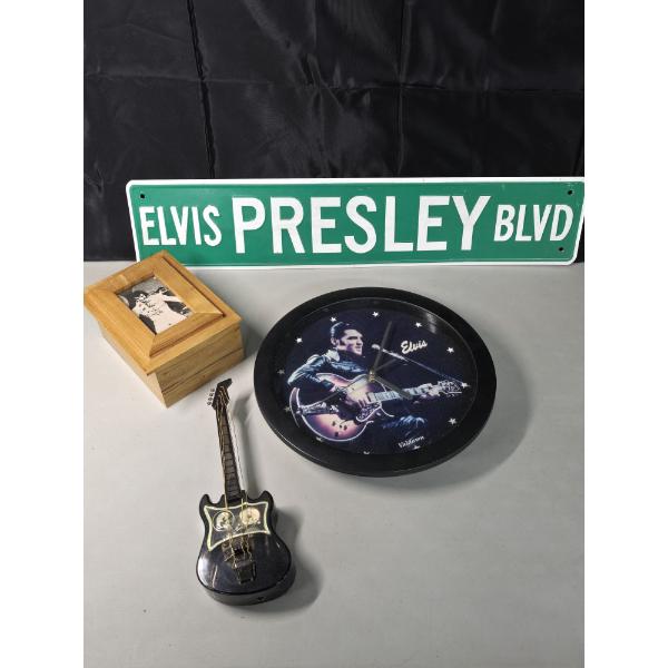 Elvis Presley Collectibles: Including Working Music Box, Clock, Street Sign, Storage box w/ Photo