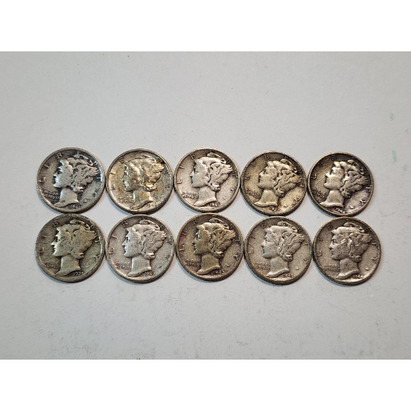 x10 Assorted Years 90% Silver Mercury Dimes Face Value $1.00