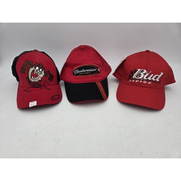 Three Brand New With Tags Hats- Including Taz Chevy, Budweiser #8 & Bud Racing