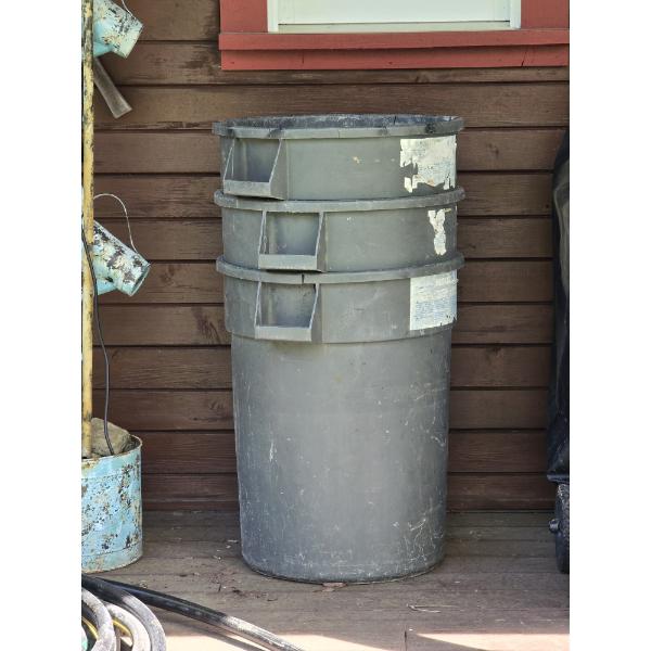 (3) 55 Gallon Rubber Trash Cans
