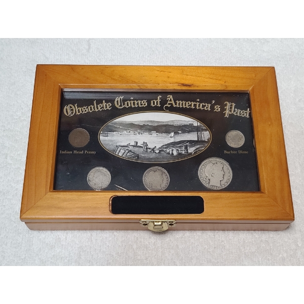 Obsolete Coins of America's Past Collection in Nice Wooden Display Box With Window - Silver FV $0.85