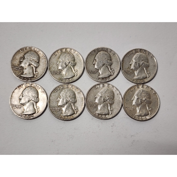 x8 Assorted Years 90% Silver Washington Quarters - FV: $2.00