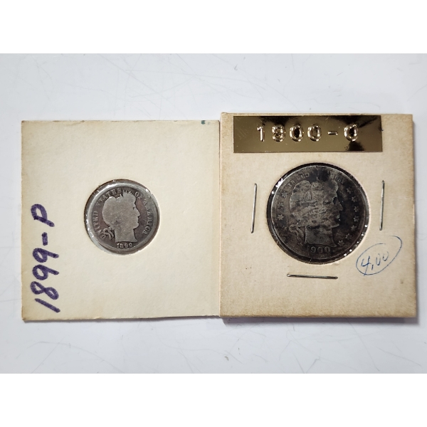 Two U.S. 90% Silver Coins: 1899-P Barber Dime & 1900-O Barber Quarter
