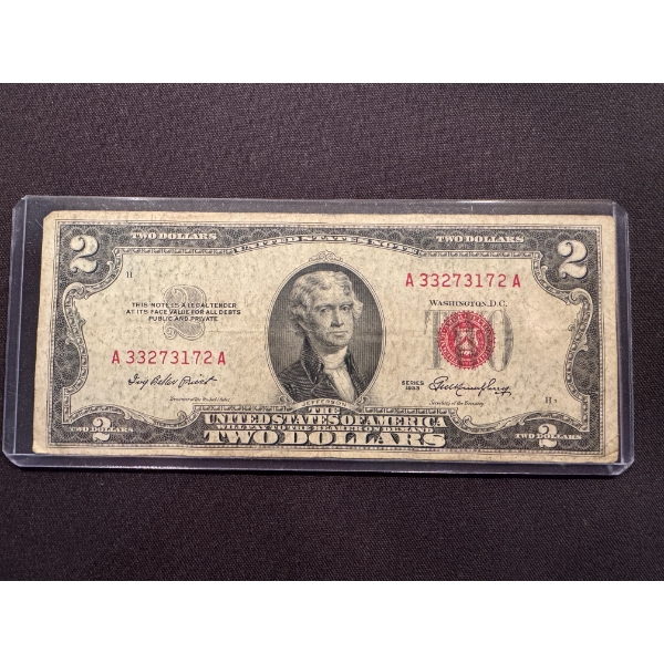 1953 United States Thomas Jefferson $2.00 Bill In Protective Holder - Great Shape