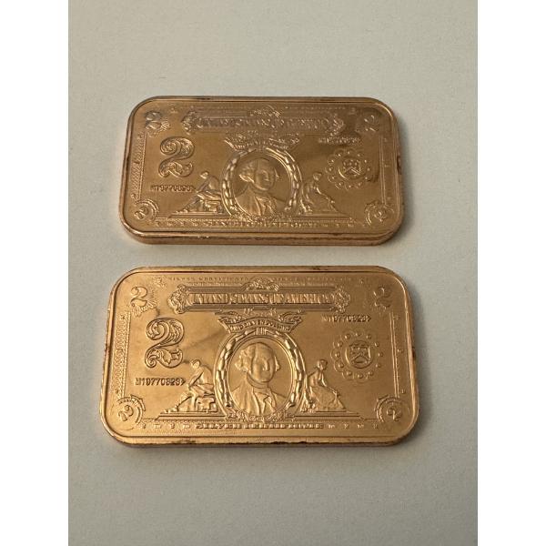 2 - George Washington .999 Fine Copper One Troy Ounce Bars - Mint Condition