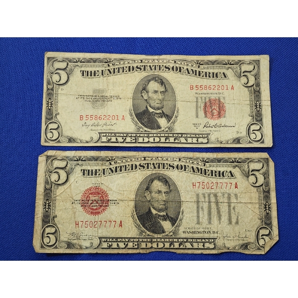 x2 United States Red Seal $5 Bank Notes: Series 1928 E  & 1953 A - FV: $10.00