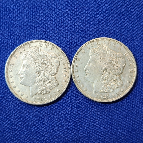 Two 1921 Silver Morgan Dollars - 90% Silver U.S. Coins 