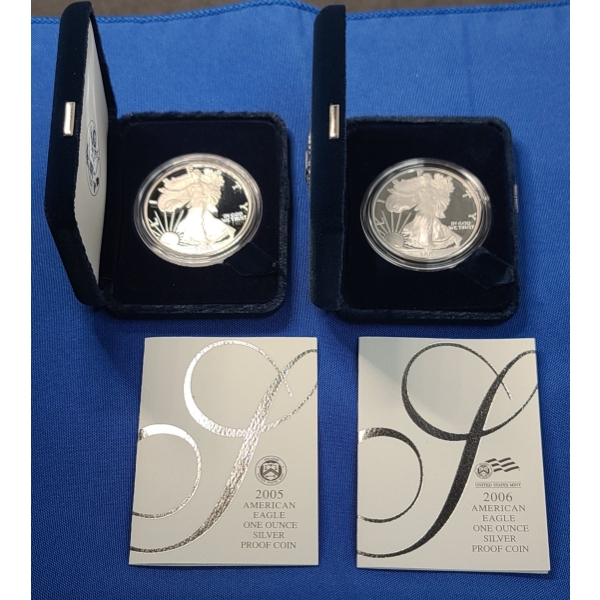 2005 & 2006 1 Oz 99.9 Fine Silver American Eagle Proof Coin