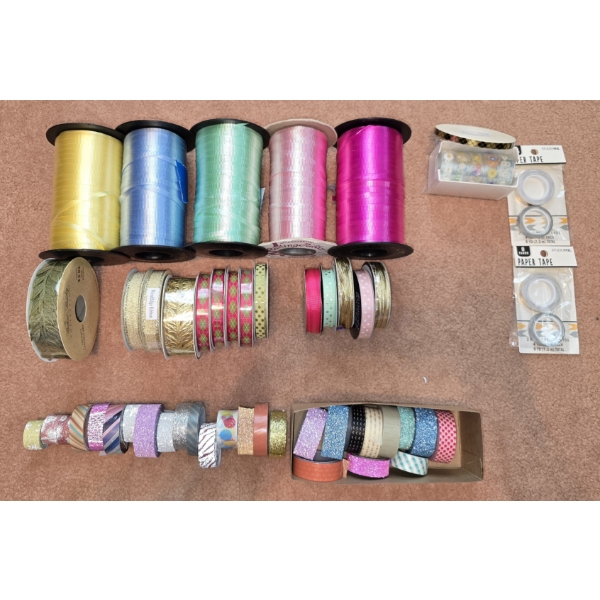 19 Spools of Ribbon (assorted sizes) and 36 Washi Tapes - Mix of New and Used