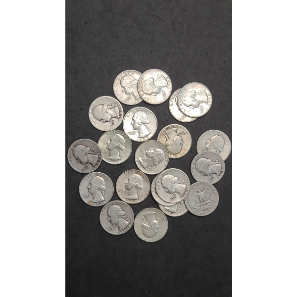 Assorted Years/Mint Marks Washington 90% Silver Quarters - Face Value: $5.00