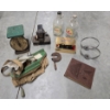 Image 1 : Neat Vintage Items Including Seed Spreader, Candle Holders, Check Writer, Wood Clamp, 45 Records